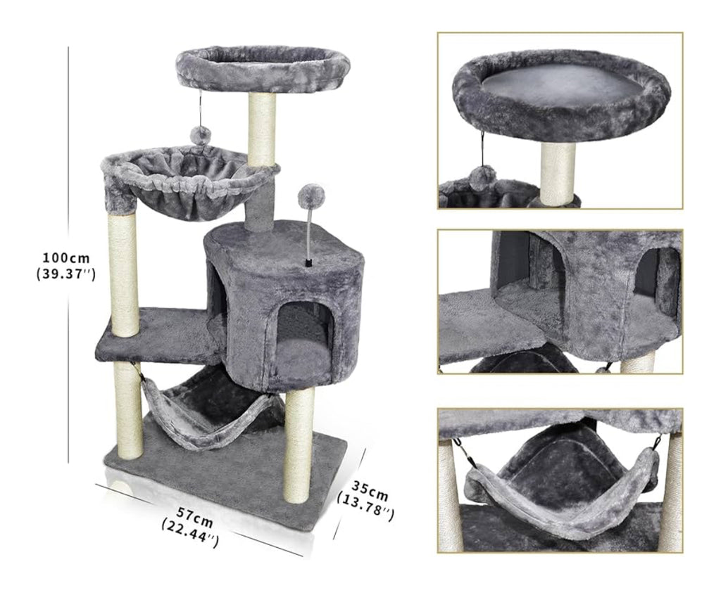 Cat Tree with Cat Condo and Big Hammock, Grey