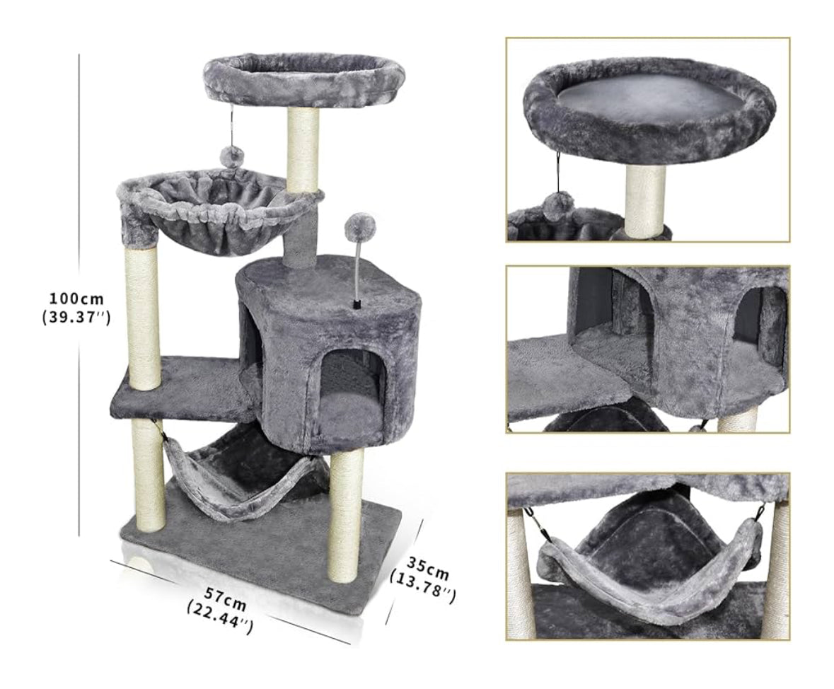 Cat Tree with Cat Condo and Big Hammock, Grey