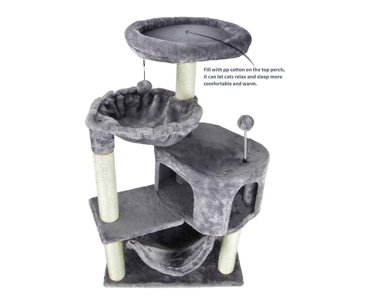 Cat Tree with Cat Condo and Big Hammock, Grey